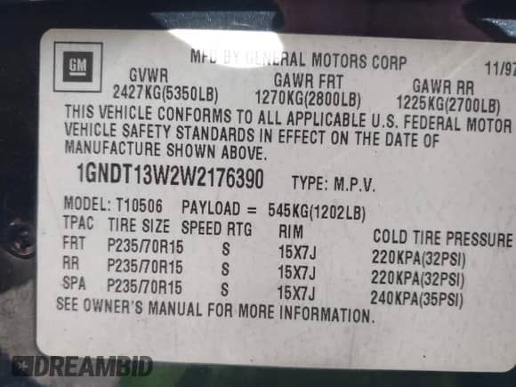 1998 Chevrolet Blazer LT with VIN 1GNDT13W2W2176390, listed as a IAAI auction lot 42056325 with 199,235 mi miles and . Bid and sale history available at DreamBid. Image 9.