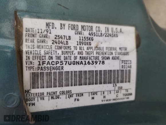 ✅ 1992 Ford Taurus • VIN: 1FACP57U0NA163978 • Lot: 92873075. Wystawiony na Copart z przebiegiem 17 125 mil. Bezpłatny archiwum sprzedaży aukcyjnych z USA i szczegółowy raport historii pojazdu na DreamBid. Zdjęcie 12.