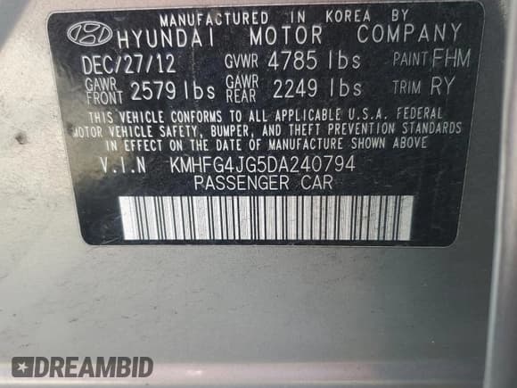 ✅ 2013 Hyundai Azera • VIN: KMHFG4JG5DA240794 • Лот: 69471385. Опубликован ранее на Copart с пробегом 171 128 миль. Бесплатный доступ к архиву аукционных продаж из США и подробный отчёт об истории автомобиля на DreamBid. Изображение 12.