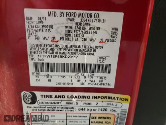 ✅ 2011 Ford F-150 XL • VIN: 1FTFW1EF4BKD20117 • Lot: 57483205. Wystawiony na Copart z przebiegiem 98 633 mil. Bezpłatny archiwum sprzedaży aukcyjnych z USA i szczegółowy raport historii pojazdu na DreamBid. Zdjęcie 12.