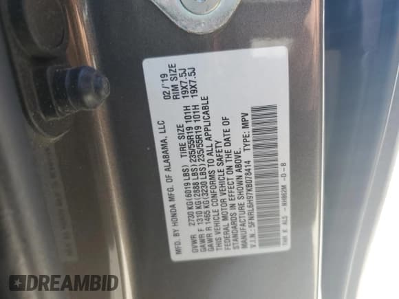 ✅ 2019 Honda Odyssey Elite • VIN: 5FNRL6H97KB078414 • Lot: 57327895. Listed on Copart with 119,259 mi. Free auction sales archive from the USA and detailed vehicle history report at DreamBid. Image 13.