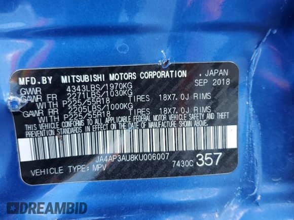 2019 Mitsubishi Outlander ES with VIN JA4AP3AU8KU006007, listed as a Copart auction lot 82039345 with 159,506 mi miles and Salvage title. Bid and sale history available at DreamBid. Image 14.