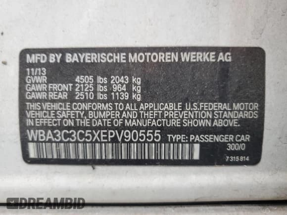 ✅ 2014 BMW 3 Series 320i xDrive • VIN: WBA3C3C5XEPV90555 • Lot: 90542255. Listed on Copart with 137,262 mi. Free auction sales archive from the USA and detailed vehicle history report at DreamBid. Image 12.