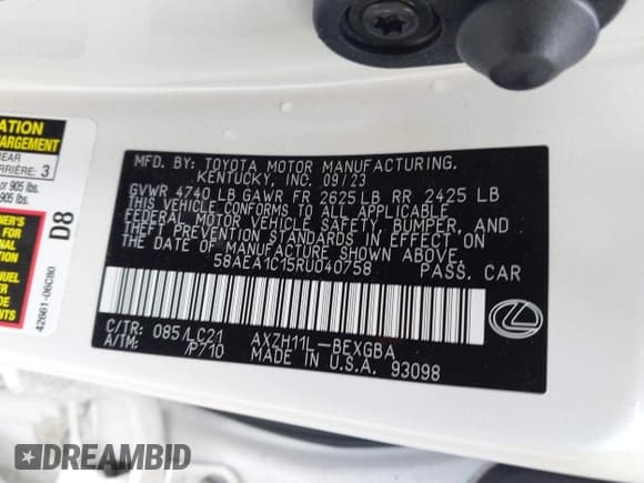 ✅ 2024 Lexus ES 300h Luxury • VIN: 58AEA1C15RU040758 • Lot: 42335120. Listed on IAAI with 20,691 mi. Free auction sales archive from the USA and detailed vehicle history report at DreamBid. Image 9.