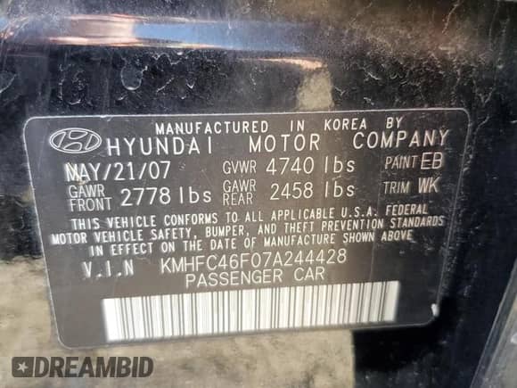 2007 Hyundai Azera SE с VIN KMHFC46F07A244428, выставлен на аукционе Copart как лот 80260304 с пробегом Не указан миль и Списание • Salvage title. История ставок и продаж доступна на DreamBid. Изображение 12.