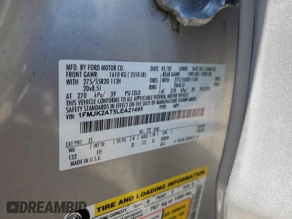 ✅ 2020 Ford Expedition Max Limited • VIN: 1FMJK2AT5LEA21495 • Lot: 52598025. Listed on Copart with 16,161 mi. Free auction sales archive from the USA and detailed vehicle history report at DreamBid. Image 13.