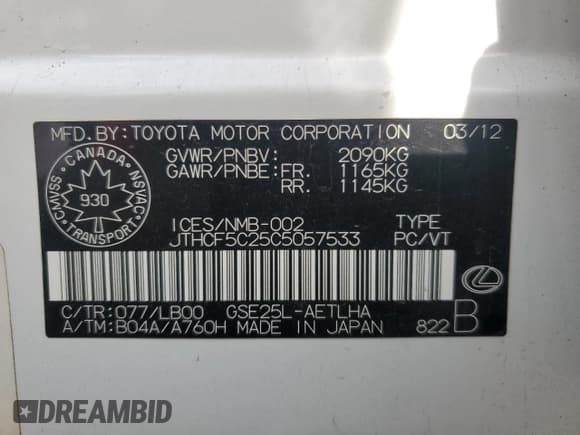 ✅ 2012 Lexus IS 250 • VIN: JTHCF5C25C5057533 • Lot: 92831965. Listed on Copart with 120,416 mi. Free auction sales archive from the USA and detailed vehicle history report at DreamBid. Image 12.