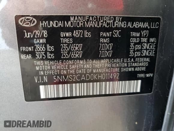 ✅ 2019 Hyundai Santa Fe SE • VIN: 5NMS2CAD0KH011492 • Лот: 83804455. Опубликован ранее на Copart с пробегом 172 025 миль. Бесплатный доступ к архиву аукционных продаж из США и подробный отчёт об истории автомобиля на DreamBid. Изображение 13.