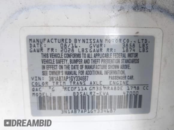 ✅ 2016 Nissan Sentra SR • VIN: 3N1AB7AP1GY334687 • Лот: 43598018. Опубликован ранее на IAAI с пробегом 113 565 миль. Бесплатный доступ к архиву аукционных продаж из США и подробный отчёт об истории автомобиля на DreamBid. Изображение 9.