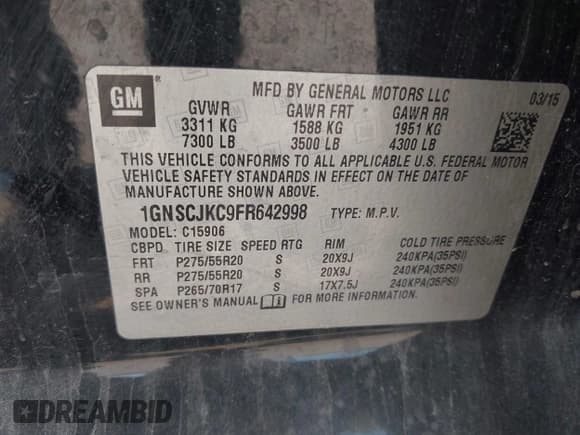 ✅ 2015 Chevrolet Suburban LT • VIN: 1GNSCJKC9FR642998 • Lot: 42974595. Wystawiony na IAAI z przebiegiem 358 414 mil. Bezpłatny archiwum sprzedaży aukcyjnych z USA i szczegółowy raport historii pojazdu na DreamBid. Zdjęcie 9.