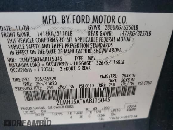 ✅ 2010 Lincoln MKT EcoBoost • VIN: 2LMHJ5AT6ABJ15045 • Lot: 65647765. Listed on Copart with Not provided. Free auction sales archive from the USA and detailed vehicle history report at DreamBid. Image 12.