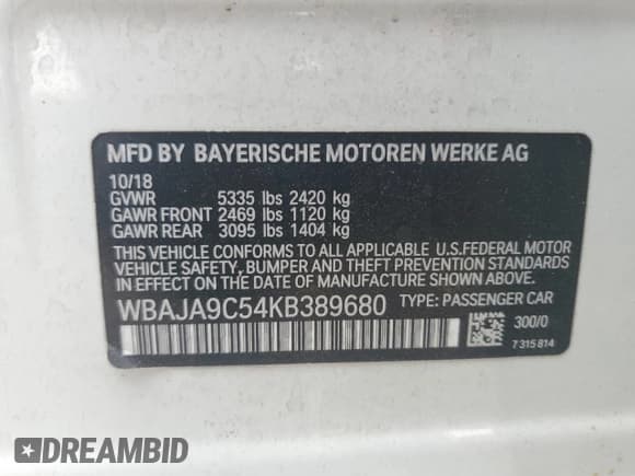 ✅ 2019 BMW 5 Series 530e • VIN: WBAJA9C54KB389680 • Lot: 70389325. Listed on Copart with 64,043 mi. Free auction sales archive from the USA and detailed vehicle history report at DreamBid. Image 13.