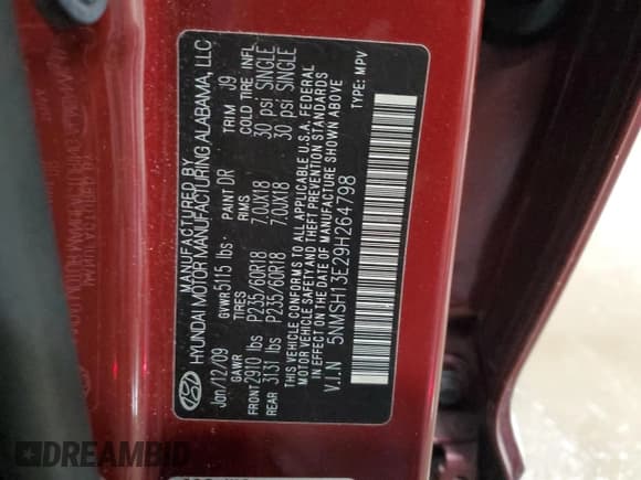 ✅ 2009 Hyundai Santa Fe Limited • VIN: 5NMSH13E29H264798 • Lot: 83107714. Listed on Copart with 86,833 mi. Free auction sales archive from the USA and detailed vehicle history report at DreamBid. Image 14.