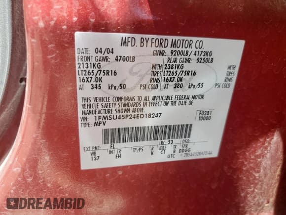 ✅ 2004 Ford Excursion Eddie Bauer • VIN: 1FMSU45P24ED18247 • Лот: 68831505. Опубликован ранее на Copart с пробегом 215 557 миль. Бесплатный доступ к архиву аукционных продаж из США и подробный отчёт об истории автомобиля на DreamBid. Изображение 13.