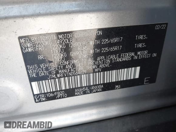 ✅ 2022 Toyota RAV4 Hybrid LE • VIN: JTMLWRFV1ND564629 • Lot: 43497754. Listed on IAAI with 45,095 mi. Free auction sales archive from the USA and detailed vehicle history report at DreamBid. Image 9.