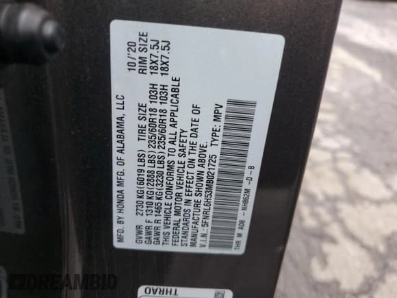 ✅ 2021 Honda Odyssey EX • VIN: 5FNRL6H53MB021725 • Lot: 66723945. Listed on Copart with Not provided. Free auction sales archive from the USA and detailed vehicle history report at DreamBid. Image 13.