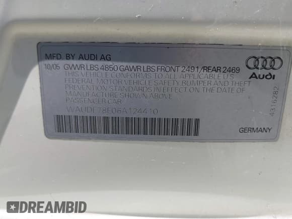 ✅ 2006 Audi A4 2.0T • VIN: WAUDF78E06A124410 • Лот: 42341414. Опубликован ранее на IAAI с пробегом 251 589 миль. Бесплатный доступ к архиву аукционных продаж из США и подробный отчёт об истории автомобиля на DreamBid. Изображение 9.