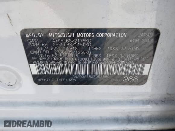 2018 Mitsubishi Outlander SE with VIN JA4AD3A38JZ053880, listed as a IAAI auction lot 43217197 with 131,340 mi miles and . Bid and sale history available at DreamBid. Image 9.