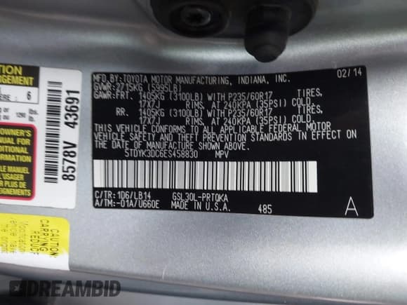 ✅ 2014 Toyota Sienna XLE • VIN: 5TDYK3DC6ES458830 • Lot: 43909439. Listed on IAAI with 108,840 mi. Free auction sales archive from the USA and detailed vehicle history report at DreamBid. Image 9.