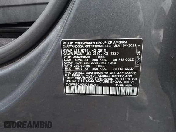 ✅ 2021 Volkswagen Atlas SE • VIN: 1V2WR2CA0MC585259 • Lot: 41525783. Listed on IAAI with 80,101 mi. Free auction sales archive from the USA and detailed vehicle history report at DreamBid. Image 9.