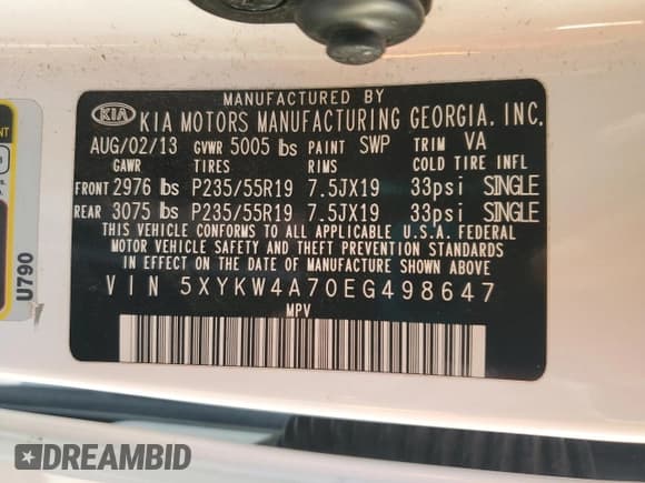 ✅ 2014 Kia Sorento SX • VIN: 5XYKW4A70EG498647 • Lot: 86869395. Listed on Copart with 106,312 mi. Free auction sales archive from the USA and detailed vehicle history report at DreamBid. Image 12.