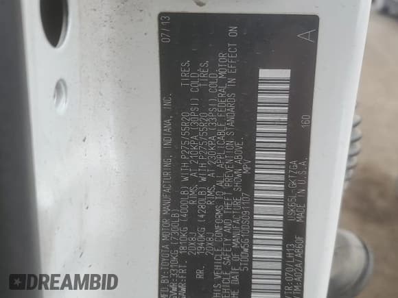 ✅ 2013 Toyota Sequoia Platinum • VIN: 5TDDW5G10DS091107 • Lot: 53121685. Listed on Copart with 253,883 mi. Free auction sales archive from the USA and detailed vehicle history report at DreamBid. Image 14.