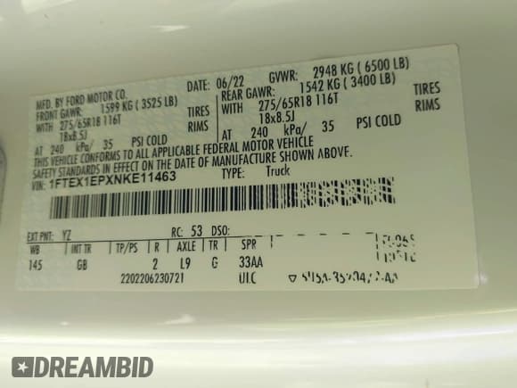 ✅ 2022 Ford F-150 XL • VIN: 1FTEX1EPXNKE11463 • Lot: 43114700. Listed on IAAI with 73,965 mi. Free auction sales archive from the USA and detailed vehicle history report at DreamBid. Image 9.