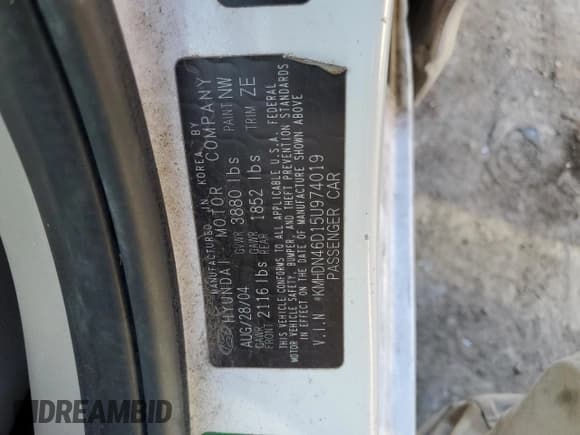 ✅ 2005 Hyundai Elantra GLS • VIN: KMHDN46D15U974019 • Lot: 47218895. Wystawiony na Copart z przebiegiem 258 092 mil. Bezpłatny archiwum sprzedaży aukcyjnych z USA i szczegółowy raport historii pojazdu na DreamBid. Zdjęcie 12.