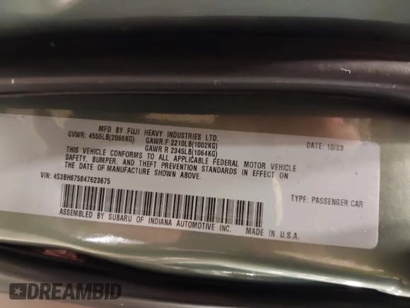 ✅ 2004 Subaru Legacy Outback • VIN: 4S3BH675847623675 • Lot: 43839728. Listed on IAAI with 142,911 mi. Free auction sales archive from the USA and detailed vehicle history report at DreamBid. Image 9.