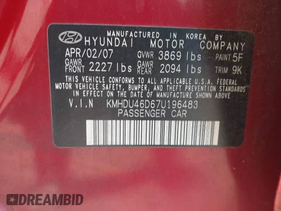 2007 Hyundai Elantra GLS with VIN KMHDU46D67U196483, listed as a IAAI auction lot 43482234 with 140,250 mi miles and . Bid and sale history available at DreamBid. Image 9.