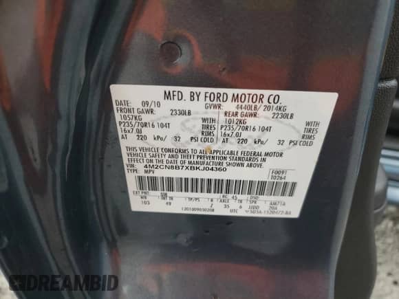 2011 Mercury Mariner с VIN 4M2CN8B7XBKJ04360, выставлен на аукционе Copart как лот 66450765 с пробегом 114 700 миль миль и Списание • Salvage title. История ставок и продаж доступна на DreamBid. Изображение 13.