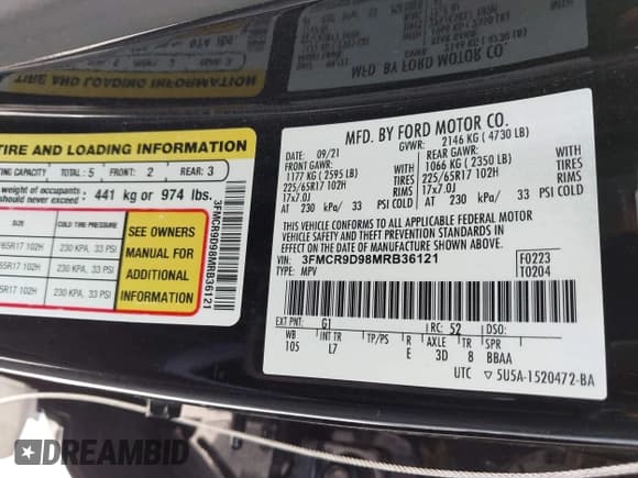 ✅ 2021 Ford Bronco Sport Badlands • VIN: 3FMCR9D98MRB36121 • Lot: 43522605. Listed on IAAI with 110,410 mi. Free auction sales archive from the USA and detailed vehicle history report at DreamBid. Image 9.