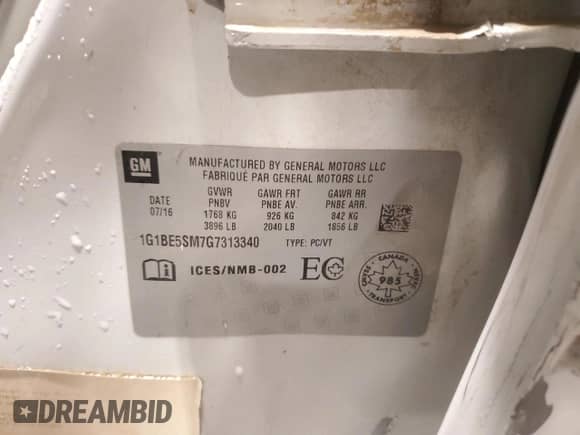 2016 Chevrolet Cruze LT с VIN 1G1BE5SM7G7313340, выставлен на аукционе Copart как лот 83854175 с пробегом 86 665 миль миль и Списание • Salvage title. История ставок и продаж доступна на DreamBid. Изображение 12.