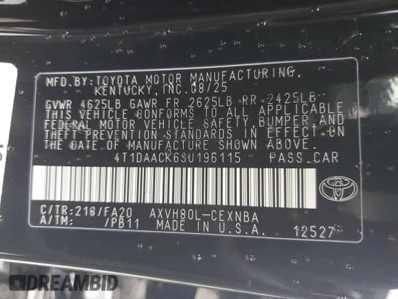 2025 Toyota Camry LE with VIN 4T1DAACK6SU196115, listed as a Copart auction lot 81836425 with 5,440 mi miles and Salvage title. Bid and sale history available at DreamBid. Image 12.