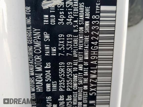 ✅ 2017 Hyundai Santa Fe Ultimate • VIN: 5XYZW4LA9HG422338 • Lot: 92806605. Listed on Copart with 123,351 mi. Free auction sales archive from the USA and detailed vehicle history report at DreamBid. Image 14.