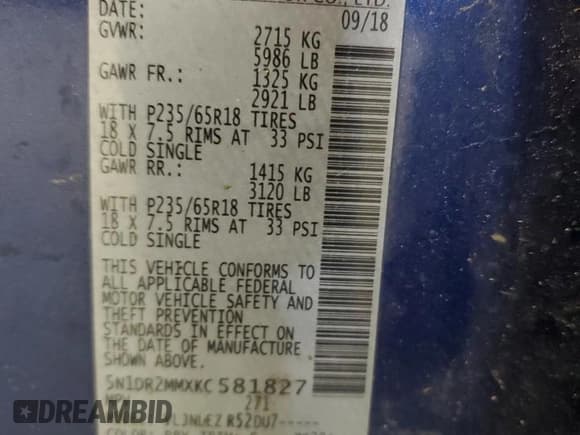 ✅ 2019 Nissan Pathfinder S • VIN: 5N1DR2MMXKC581827 • Лот: 70506015. Опубликован ранее на Copart с пробегом 129 207 миль. Бесплатный доступ к архиву аукционных продаж из США и подробный отчёт об истории автомобиля на DreamBid. Изображение 13.