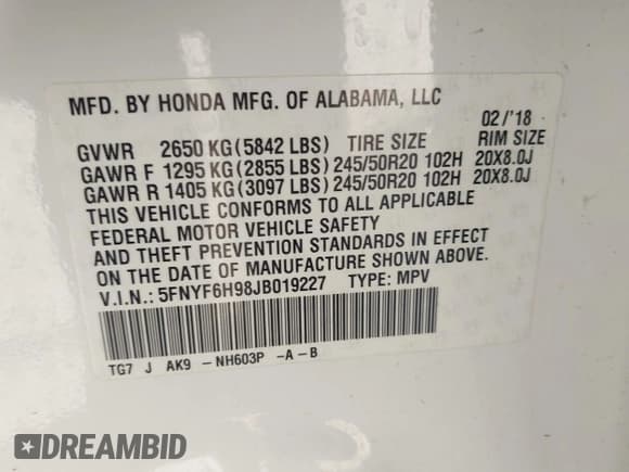 ✅ 2018 Honda Pilot Touring • VIN: 5FNYF6H98JB019227 • Lot: 43315574. Listed on IAAI with 115,889 mi. Free auction sales archive from the USA and detailed vehicle history report at DreamBid. Image 9.