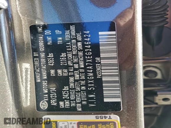 ✅ 2014 Kia Optima LX • VIN: 5XXGM4A7XEG346424 • Lot: 95006615. Listed on Copart with Not provided. Free auction sales archive from the USA and detailed vehicle history report at DreamBid. Image 12.