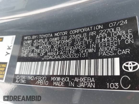 2024 Toyota Prius LE with VIN JTDACAAUXR3032131, listed as a IAAI auction lot 43231631 with 15,535 mi miles and . Bid and sale history available at DreamBid. Image 9.