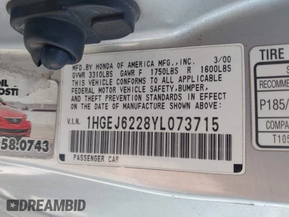 ✅ 2000 Honda Civic DX • VIN: 1HGEJ6228YL073715 • Лот: 42317541. Опубликован ранее на IAAI с пробегом 311 197 миль. Бесплатный доступ к архиву аукционных продаж из США и подробный отчёт об истории автомобиля на DreamBid. Изображение 9.