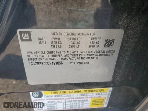 ✅ 2012 Chevrolet Malibu 1LS • VIN: 1G1ZB5E00CF191856 • Lot: 70318654. Listed on Copart with 119,183 mi. Free auction sales archive from the USA and detailed vehicle history report at DreamBid. Image 12.