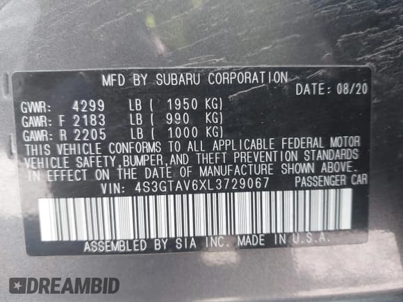 ✅ 2020 Subaru Impreza Premium • VIN: 4S3GTAV6XL3729067 • Lot: 43151499. Listed on IAAI with 28,882 mi. Free auction sales archive from the USA and detailed vehicle history report at DreamBid. Image 9.