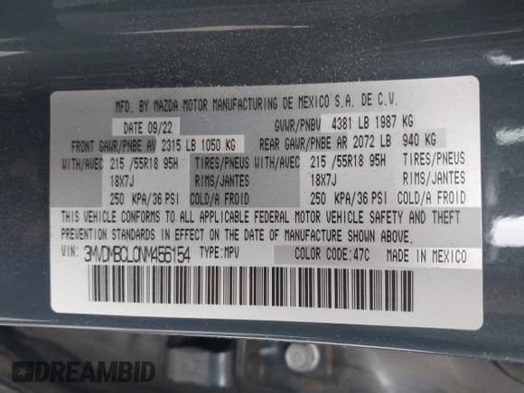 ✅ 2022 Mazda CX-30 S Carbon Edition • VIN: 3MVDMBCL0NM456154 • Lot: 42153202. Listed on IAAI with 40,372 mi. Free auction sales archive from the USA and detailed vehicle history report at DreamBid. Image 9.