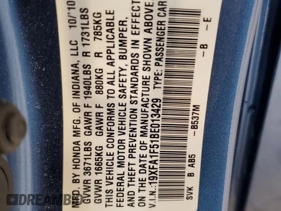 ✅ 2011 Honda Civic LX • VIN: 19XFA1F51BE013429 • Lot: 56361945. Listed on Copart with 157,592 mi. Free auction sales archive from the USA and detailed vehicle history report at DreamBid. Image 13.