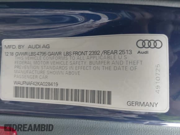 ✅ 2019 Audi A4 Prestige • VIN: WAUFNAF42KA028419 • Lot: 42760237. Listed on IAAI with 106,872 mi. Free auction sales archive from the USA and detailed vehicle history report at DreamBid. Image 9.