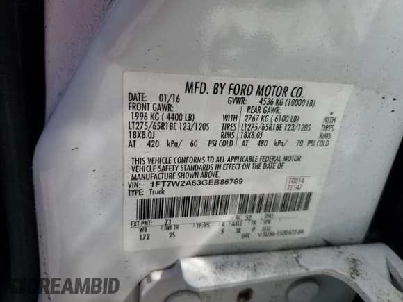 ✅ 2016 Ford F-250 XL • VIN: 1FT7W2A63GEB86769 • Lot: 57631355. Wystawiony na Copart z przebiegiem 69 328 mil. Bezpłatny archiwum sprzedaży aukcyjnych z USA i szczegółowy raport historii pojazdu na DreamBid. Zdjęcie 12.