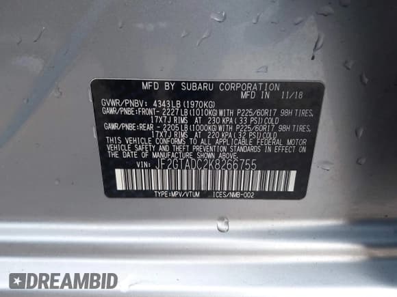 ✅ 2019 Subaru Crosstrek Premium • VIN: JF2GTADC2K8266755 • Lot: 41905364. Listed on IAAI with 30,735 mi. Free auction sales archive from the USA and detailed vehicle history report at DreamBid. Image 9.