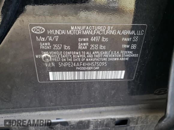 ✅ 2017 Hyundai Sonata SE • VIN: 5NPE24AF4HH575095 • Lot: 37295103. Listed on Copart with 85,330 mi. Free auction sales archive from the USA and detailed vehicle history report at DreamBid. Image 12.