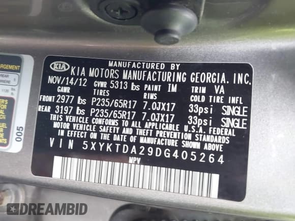 ✅ 2013 Kia Sorento LX • VIN: 5XYKTDA29DG405264 • Lot: 42327223. Listed on IAAI with 209,651 mi. Free auction sales archive from the USA and detailed vehicle history report at DreamBid. Image 9.