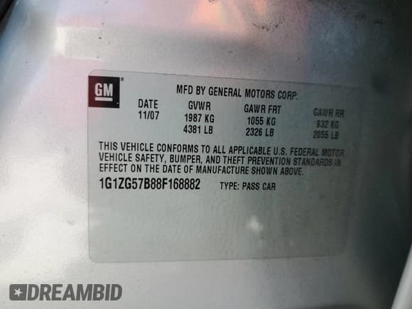 ✅ 2008 Chevrolet Malibu 1LS • VIN: 1G1ZG57B88F168882 • Lot: 78111264. Listed on Copart with Not provided. Free auction sales archive from the USA and detailed vehicle history report at DreamBid. Image 12.